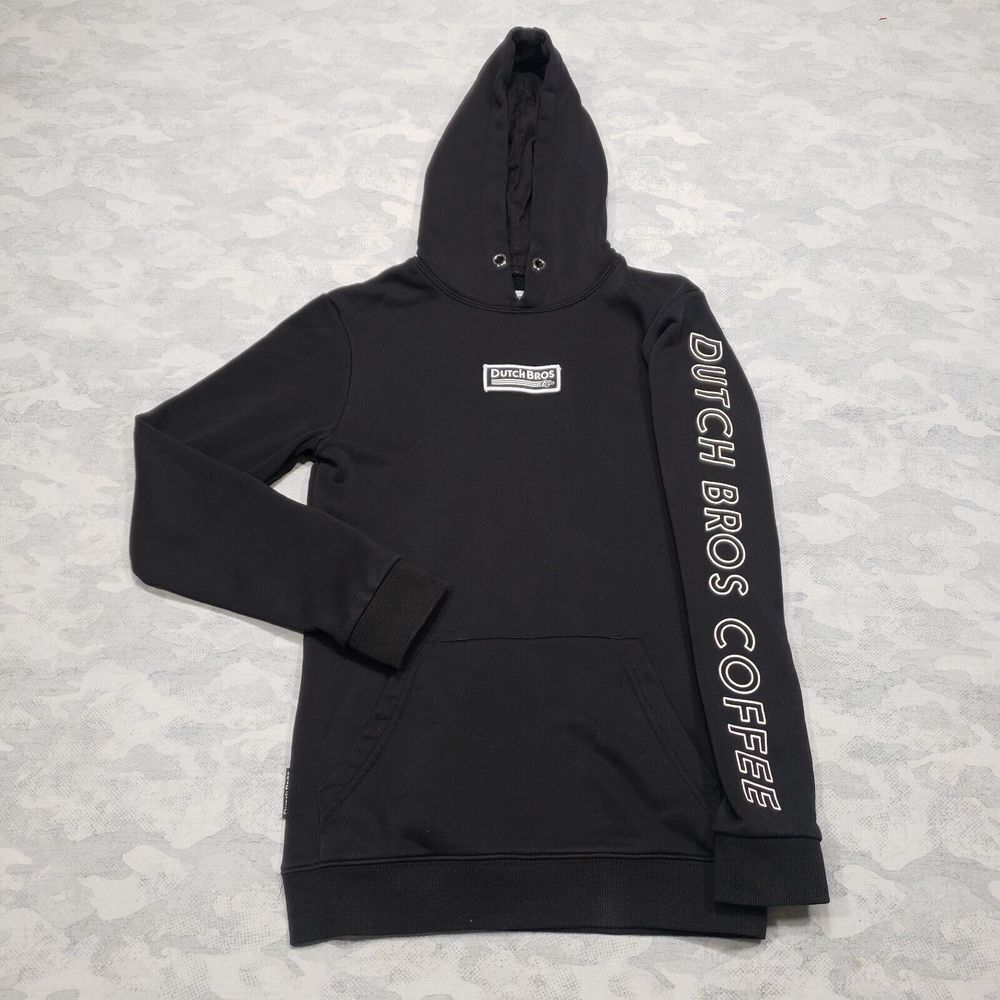 Dutch Bros Sweatshirt Womens XS Black Pull Over Hoodie Arm Spell Out Front...